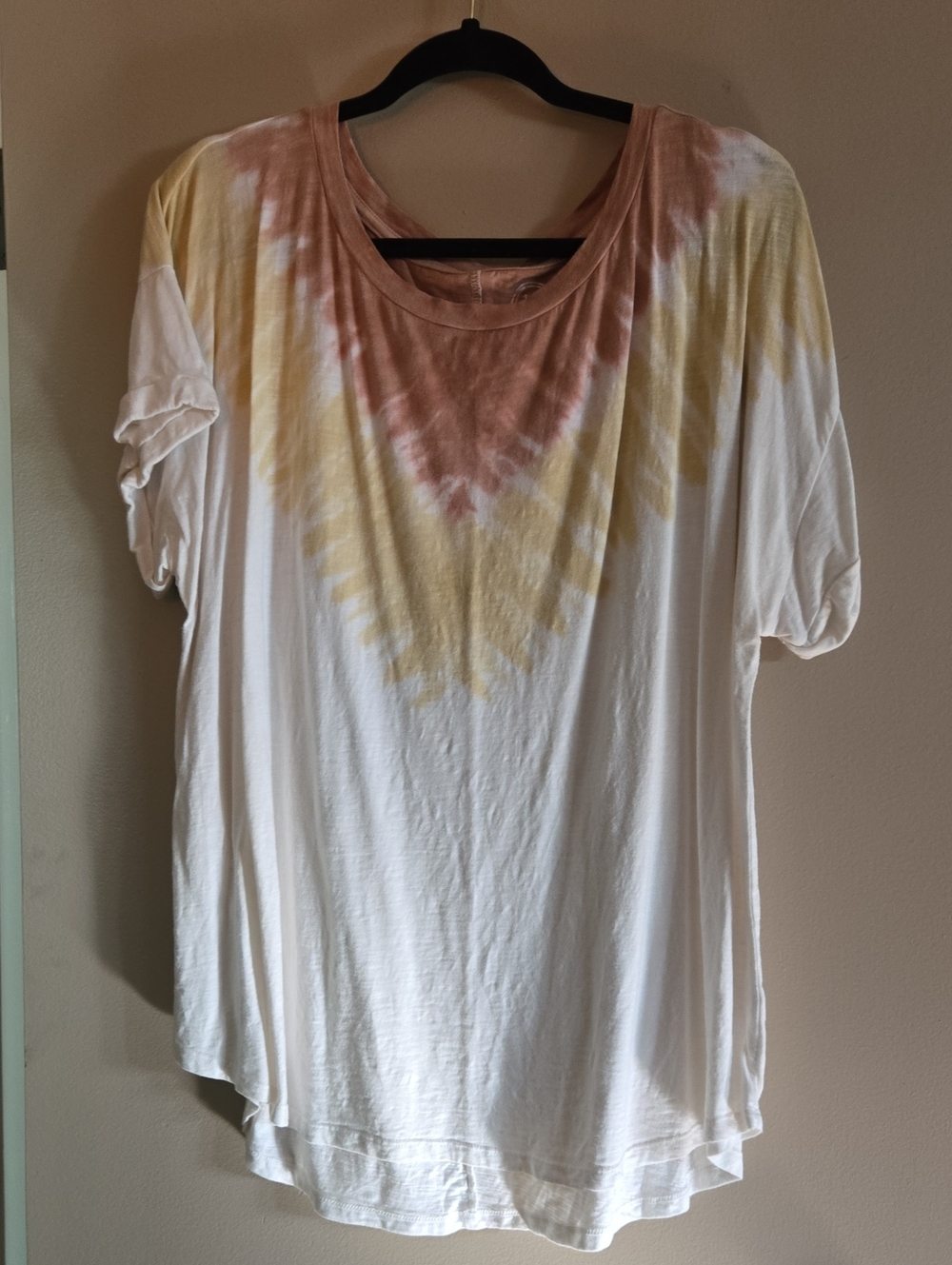 Maurices White Tee with Pink & Yellow V-Tie Dye